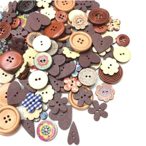 300PCS Mixed Shapes Wood Button Sewing Craft 2 Holes Wooden Buttons Clothes Scrapbooking Decor 4 Holes