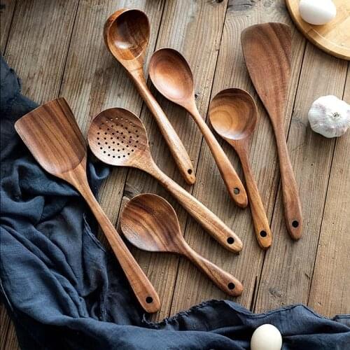 7pcs/set Natural Teak Wood Nonstick Kitchen Utensil Set Tableware Spoon Ladle Turner Long Rice Colander Soup Skimmer Cooking Set