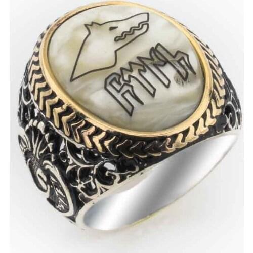 925 Sterling Silver Ring for Men with Mother of Pearl Stone and TURK Written