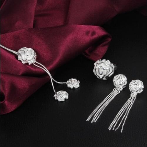 925 sterling Silver elegant rose flower necklaces earrings rings women top quality Jewelry set Party wedding lady Christmas gift