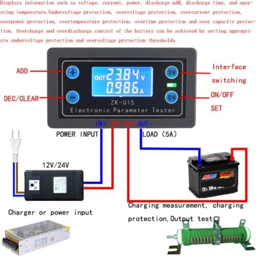 DC5-38V Battery Tester Voltmeter ammeter electronic load monitor charger tester Power capacity Meter Charge discharge 12v 24v