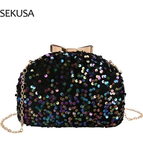 Hald Moon Design Women Evening Bags Sequined Diamonds Metal Bow Small Day Clutch Shoulder Party Holder Purse