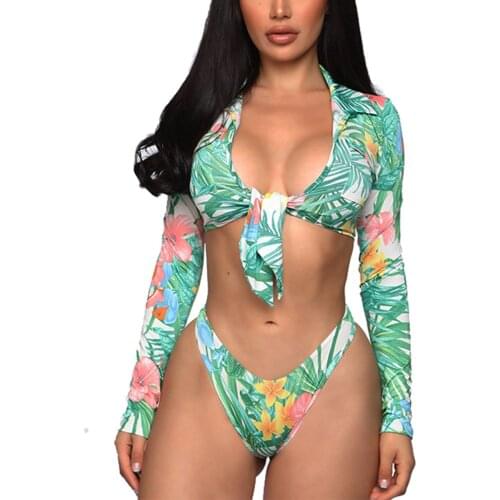 2 Pieces Bikini Sets Female Swimsuits Green Floral Print V-Neck Long Sleeve Crop Top+ Bikini Panties Bathing Suits