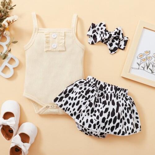 3pcs Newest Summer Toddler Infant Baby Girl Cotton Outfits Set Solid Ribbed Bodysuit+leopard Shorts+headband Cute Baby Clothes