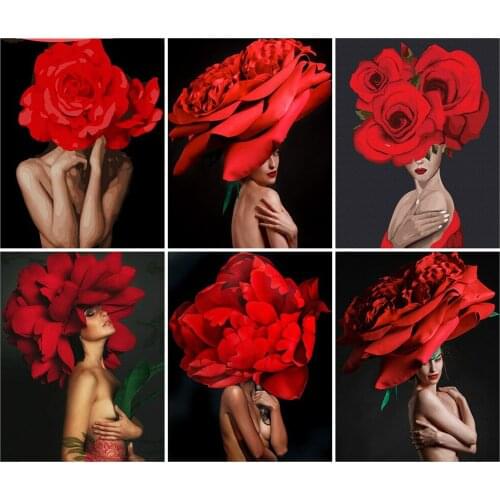 Red Flower Woman Diamond Painting Embroidery Accessories Diy Paint Fashion Poster Jewel Cross Stitch Mosaic Adults Crafts