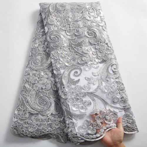 SJD LACE Gray Sequins African Lace Fabric 2021 High Quality French Laces Milk Silk Nigerian Fabric For Women Wedding Dress A2495