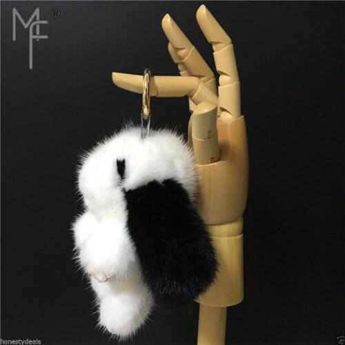 Magicfur - 15cm Real Mink Fur Bunny White W Black Ears Ball Doll Toy Keychain Handbag Keyring Car Key Ring Pendant Charm