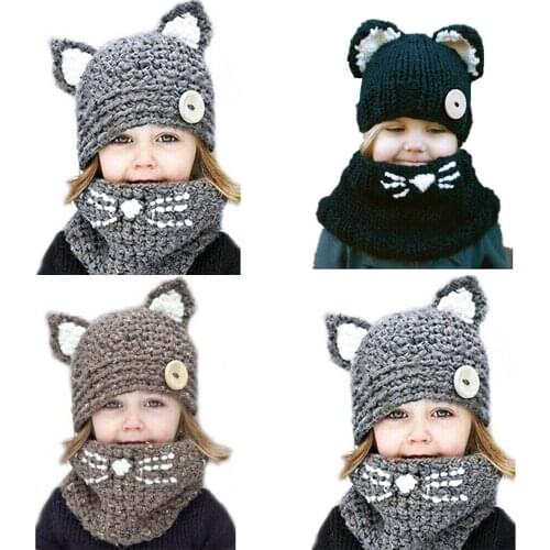 Cute Child Girl Boy Knit Weaved Hats Cats Ear Breathable Warm Caps With Scarf