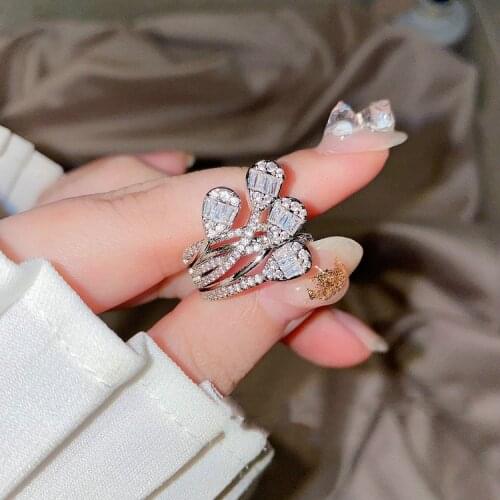 Hot Fashion Ladies 925 Sterling Silver Big Flower Zricon Wedding Band Ring Shiny S925 Silver Wedding Engagement Rings for Women