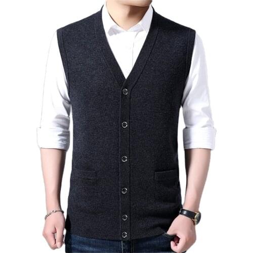 Men Fashion Front Open V-Neck Plain Solid Knitted Cardigan Vest Button Pocket Wool Sweater Vest
