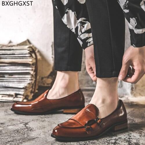 Brown Loafers Dress Shoes Men Fashion Double Monk Strap Leather Shoes Men Formal Black Office Shoes for Men 2021 Chaussure Homme