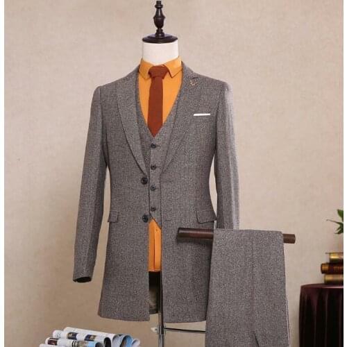 Smoking Tweed Mans Wedding Suit 3 Pieces Long Jacket Groom Tuxedo Mens Suits Custom Made Slim Fit Groomsmen ( Jacket+Pants+Vest)