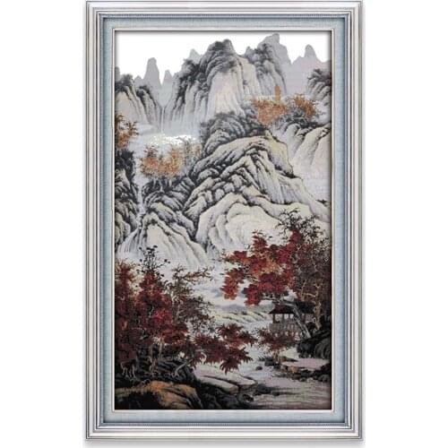 Counted Cross Stitch Kit Autumn Mountains and Red Trees Patterns 11CT 14CT Print Stamped Embroidery Needlework Fabric Decoration