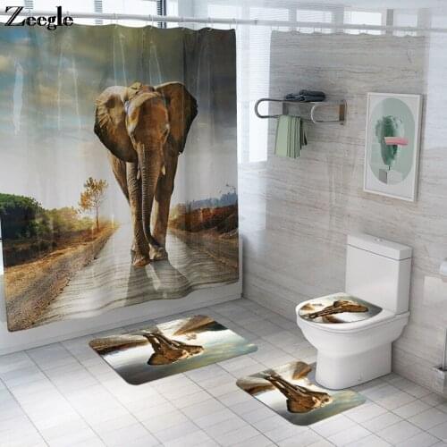 Elephant Printed Bath Mat and Shower Curtain Set Toilet Mat Carpet Set Home Decor Bathroom Carpet Rugs Water Absorbing Bath Mat