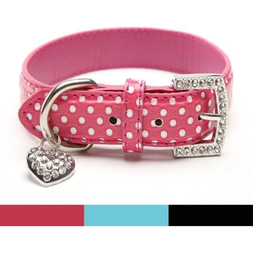 Polka Dots PU Leather Rhinestones Dog Cat Collars with Heart Charm necklace Small and Medium Pet /XS S M Free shipping