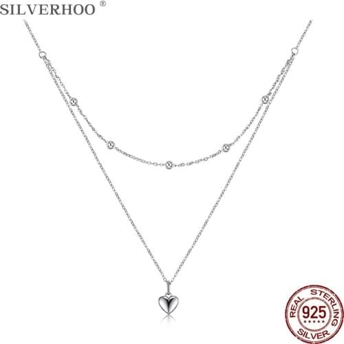 SILVERHOO Authentic 925 Sterling Silver Necklace For Women Exquisite Heart Pendant Necklaces Multilayers Chains Fine Jewelry