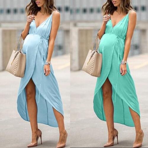 Women Maternity Dresses Ruffles Long Sleeve V-Neck Solid Pregnant Dress Summer Irregularity Pregnancy Dress Vestido Mujer