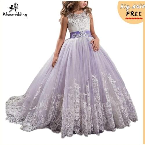 Flower Girl Dresses With Bow Beaded Crystal Lace Up Applique Ball Gown First Communion Dress for Girls Customized Vestidos Longo