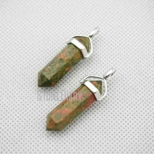H-RQP21 Crystal Pillar Charm Green Granite Stone Hexagon Point Pendant Silver Bail Design for Jewerly Making