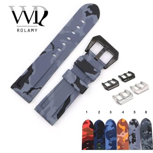 Rolamy Watch Band 22 24mm Waterproof Silicone Rubber Replacement Camo Grey Black Watchband Loops Strap For Pnerai Luminor Strap