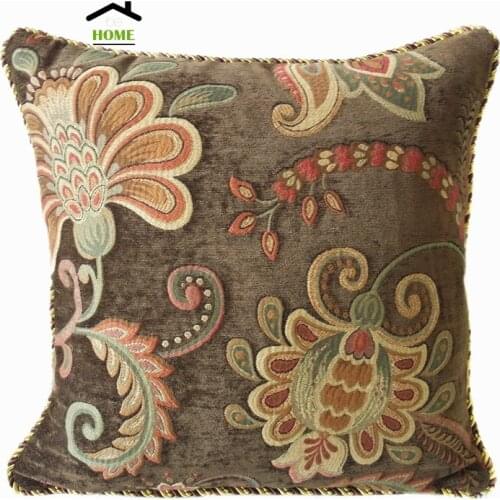 Deluxe Brown Big Floral Jacquard Woven Home Sofa Chenille Cushion Cover Decorative Pillow Case 45x45cm