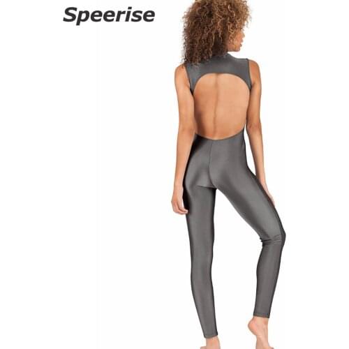 Speersie Women Mock Neck One Piece Yoga Suit Backless Ballet Spandex Unitard Gymnastics Suit Sleeveless Bodysuit Gym Naked-feel