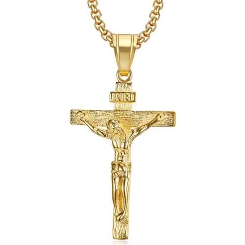 Trendy Men/women Cross Christ Jesus 316L Stainless steel Pendant Necklace Gold color INRI Crucifix Jesus Chain Jewelry Bijoux
