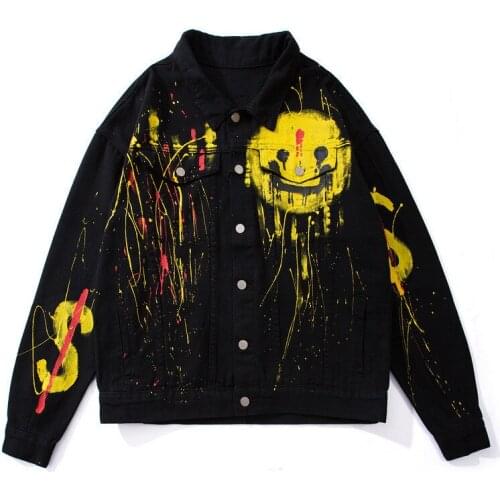 Unisex Hi Street Oversized Hip Hop Denim Jacket Smile Face Graffiti Jeans Coat For Men And Women Hi Street Painted Outerwear