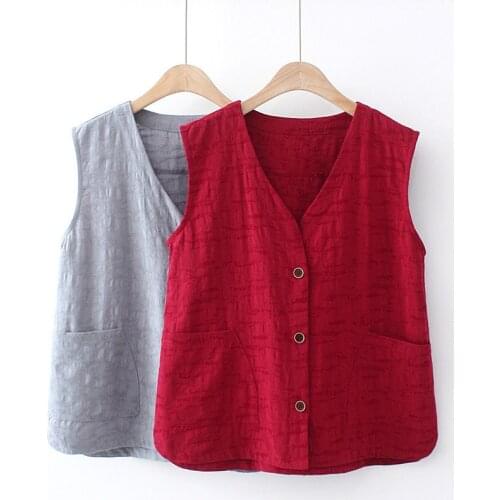 Jacquard Cotton And Linen Vest Spring Summer 2021 V-Neck Loose Top Middle Aged Women Clothing Large Size Waistcoat Jacket zh690