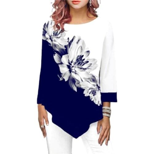 Irregular Flower Print Long Sleeve T shirt Women O-Neck Fashion Autumn Clothes Female T-Shirts Casual Top Tees Plus Size S-5XL