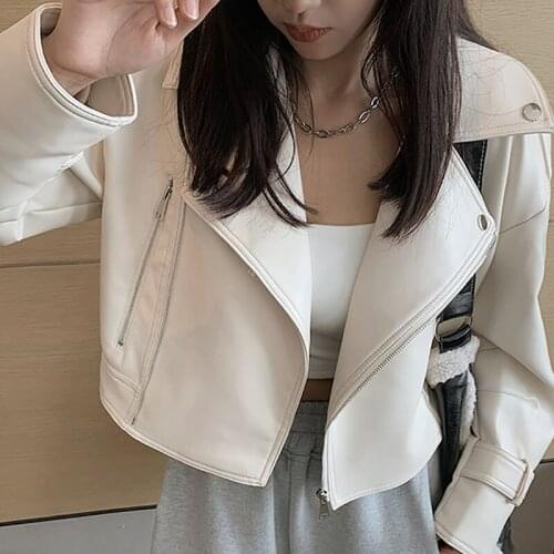 High quality Slim Short Washed Faux Leather Jacket 2021 Spring Fashion Women Street Moto Biker Jacket Beige Black Bomber Outwear
