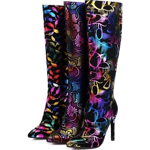 US4-11 Womens Leather Flowers Leaves Printed Mixed Colors Knee Thigh Boots Warm Winter Stilettos High Heel Zip Shoes Plus Size