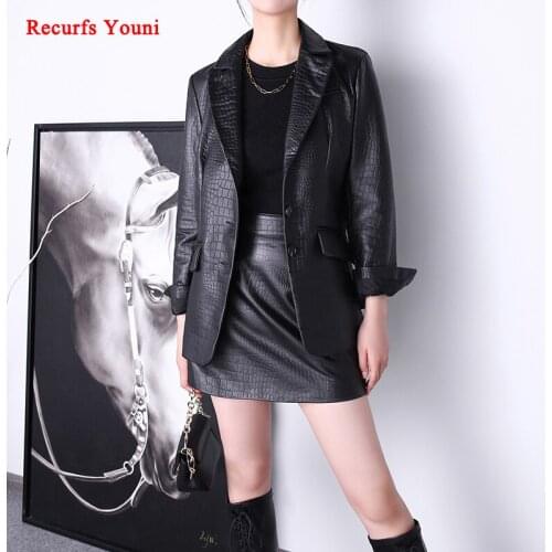 Womens Blazer And Skirts Set 2021 Luxury Crocodile Pattern Printed Genuine Leather Slim Fit 2 Piece Set Female Chic Suit Jupe