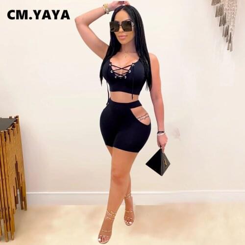 CM.YAYA Streetwear Active Women Two 2 Piece Set Outfit Sweatsuit Lace Up Crop Tops and Shorts Matching Set Jogger Tracksuit