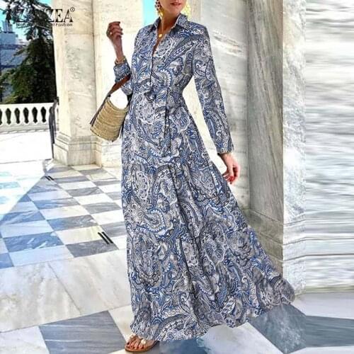 Women Elegant Lapel Maxi Long Shirt Dress Spring Casual Full Sleeve Party Sundress ZANZEA Vintage Lace Up Vestidos Oversize Robe