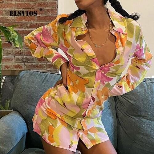 2021 Spring Summer Long Sleeves Print Patchwork Button Cardigan Short Dress Casual Lapel Elegant Slim Office Lady Yellow Dresses