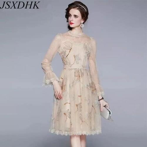 JSXDHK New Fashion 2021 Autumn Lace Embroidery Dress Elegant Women Beige Mesh Flare Sleeve High Waist Sexy Ball Gown Party Dress