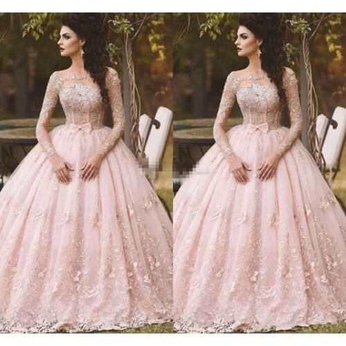 Pink Long Sleeve Quinceanera Dresses 2021 Lace Appliqued Bow Sheer Neck Vintage Sweet 16 Girls Debutantes Quinceanera Dress