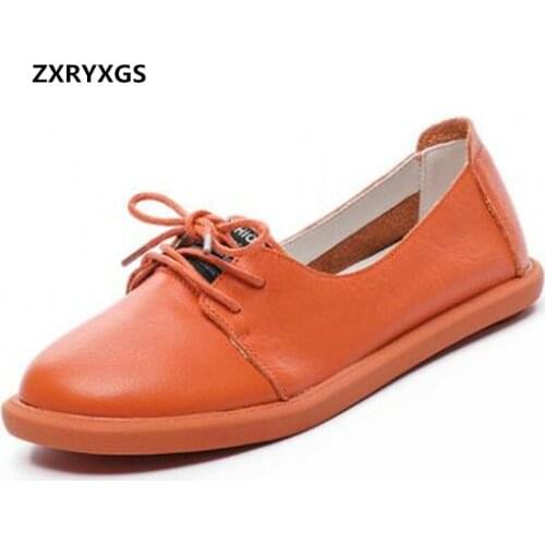 2021 Spring Top Cowhide Full Genuine Leather Shoes Woman Soft Sole Flat Shoes Casual Sneakers Lace-up Shallow Women Flats Shoes