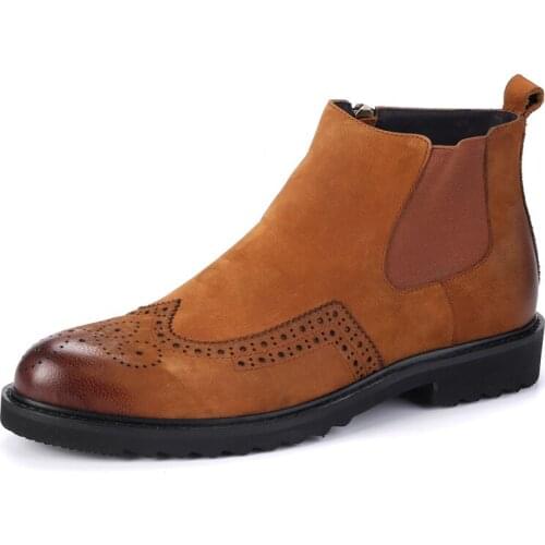 Retro Wing Tip Brogue Mens Ankle Boots Round Toe Block Low Heel Chelsea Boots Top Brand Real Cow Leather British Shoes Footwear