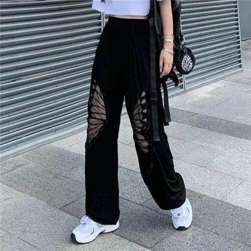 Oversize Butterfly Hollow Out Streetwear Straight Trousers Women Korean Gothic Pant Harajuku Aesthetic High Waist Pants Female