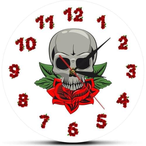 Skull with Flower Rose Numbers Gothic Home Decoration Wall Clock Retro Tattoo Skeleton Design Wall Watch Floral Skull Timepiece