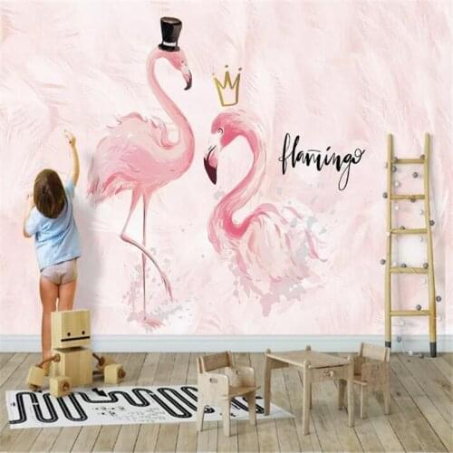 Pink couple flamingo childrens room background wall professionally made murals, wallpaper wholesale, custom poster photo wall