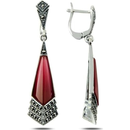 KUTAYDAN Marcasite & Natural Stone Earrings 925 Sterling Silver