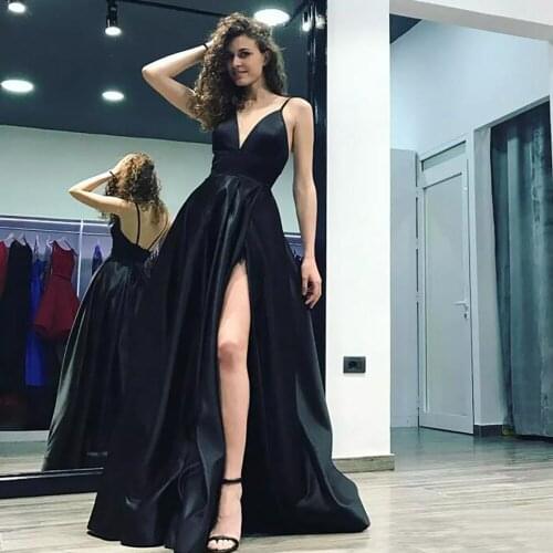 Fashion Black A-Line V-Neck Spaghetti Straps Side Slit Evening Dress Sexy Backless Sweep Train Formal Prom Party Gowns