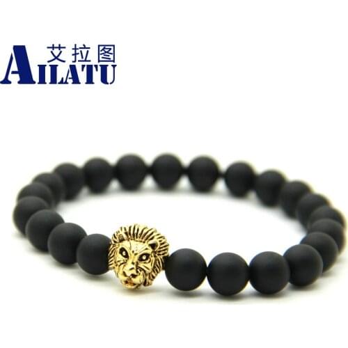 Ailatu Fashion Masculinas Matte Black Stone Lion Head Bracelet Women Pulseras Hombre Bracciali Mens Elastic Bead Jewelry
