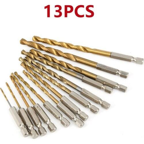 13PCS Hexagonal Shank Twist Drill Bit High-Speed Steel Electric Drill Perforating Wood Plastic Titanium-Plated Twist Drill Set