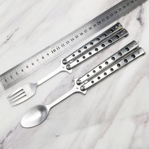 New Product Butterfly Knife Tool Spoon and fork style Foldable Portable Transformable Butterfly Knife Game Training Tool