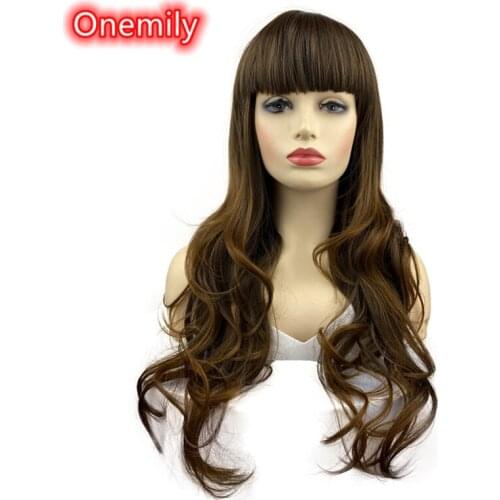 Onemily Long Length Curly Wavy Synthetic Heat Resistant Wigs with Bangs for Women Girls Theme Party Out Dating Golden Brown