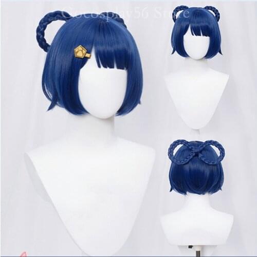 Genshin Impact Xiangling Wig Cosplay Blue Short 8-Shaped Braids Heat Resistant Hair Halloween Role Play Genshin Impact Wig AC